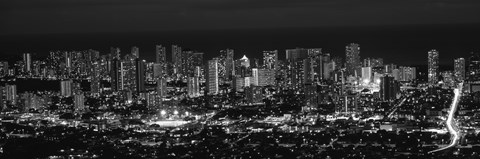 Framed High angle view of a city lit up at night, Honolulu, Oahu, Honolulu County, Hawaii (black and white) Print