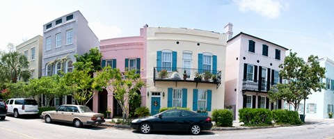 Framed Rainbow row colorful houses along a street, East Bay Street, Charleston, South Carolina, USA Print