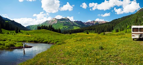 Framed Man camping along Slate River, Crested Butte, Gunnison County, Colorado, USA Print