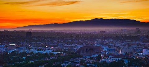 Framed Buildings in a city with mountain range in the background, Santa Monica Mountains, Los Angeles, California, USA Print