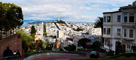 Framed Aerial view of the Lombard Street, Coit Tower, Bay Bridge, San Francisco, California, USA Print