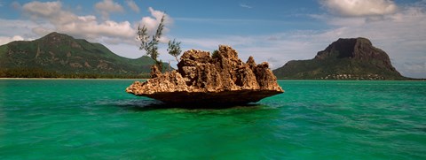 Framed Rock in Indian Ocean with mountain the background, Le Morne Mountain, Mauritius Island, Mauritius Print