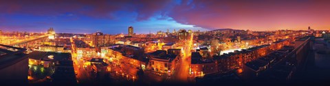 Framed High angle view of a city lit up at night, Montreal, Quebec, Canada Print