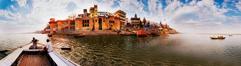 Framed Buildings at riverbank viewed from a boat, Ganges River, Varanasi, Uttar Pradesh, India Print