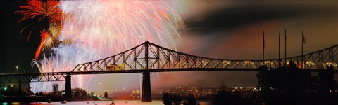 Framed Fireworks over the Jacques Cartier Bridge at night, Montreal, Quebec, Canada Print