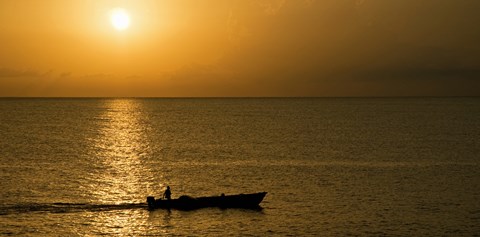 Framed Fishing boat in the sea at sunset, Negril, Westmoreland, Jamaica Print