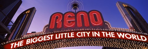 Framed Low angle view of the Reno Arch at dusk, Virginia Street, Reno, Nevada, USA Print