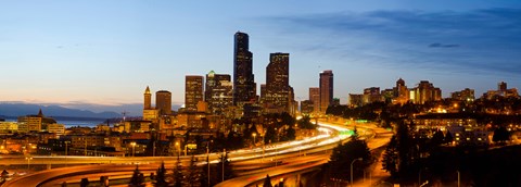 Framed Skyscrapers lit up at dusk in a city, Seattle, King County, Washington State, USA 2013 Print