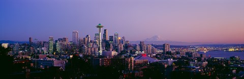 Framed High angle view of a city at sunrise, Seattle, Mt Rainier, Washington State Print