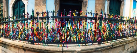 Framed Colorful Bonfim wish ribbons tied around at Church of Nosso Senhor do Bonfim, Pelourinho, Salvador, Bahia, Brazil Print