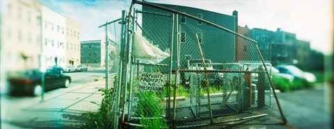 Framed Broken gate to a construction yard on a street, Williamsburg, Brooklyn, New York City, New York State, USA Print