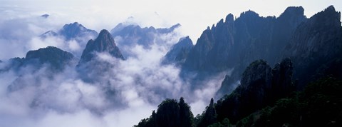 Framed High angle view of misty mountains, Huangshan Mountains, Anhui Province, China Print