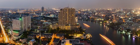 Framed High angle view of city at dusk, Chao Phraya River, Bangkok, Thailand Print