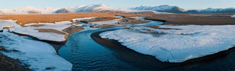 Framed Snow along a river with mountains in background, Eskey, Hofn, Iceland Print