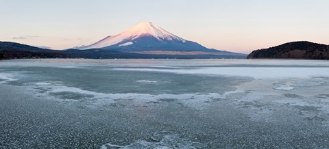 Framed Yamanaka Lake covered with ice and Mt Fuji in the background, Yamanakako, Yamanashi Prefecture, Japan Print