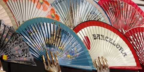 Framed Fans for sale in souvenir shop, Barcelona, Catalonia, Spain Print