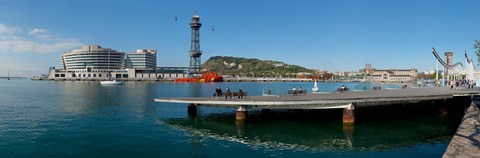 Framed Pier on the sea with World Trade Centre in the background, Port Vell, Barcelona, Catalonia, Spain Print