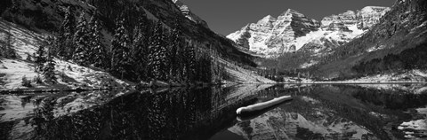 Framed Reflection of a mountain in a lake in black and white, Maroon Bells, Aspen, Colorado Print