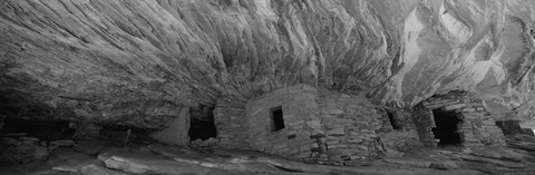 Framed Dwelling structures on a cliff in black and white, Anasazi Ruins, Mule Canyon, Utah, USA Print