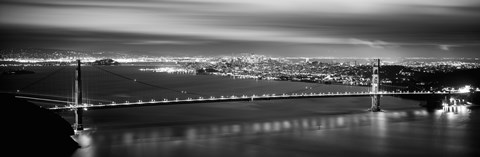 Framed Golden Gate Bridge and San Francisco Skyline Lit Up (black &amp; white) Print