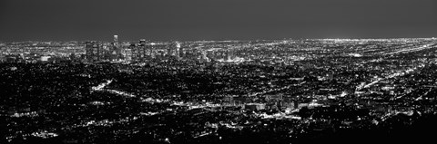 Framed Black and White View of Los Angeles at Night from a Distance Print