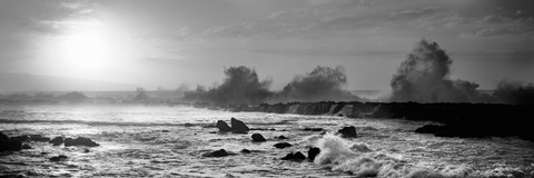 Framed Waves breaking on rocks in the ocean in black and white, Oahu, Hawaii Print