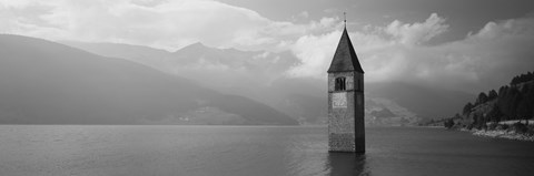Framed Clock tower in a lake, Reschensee, Italy (black and white) Print