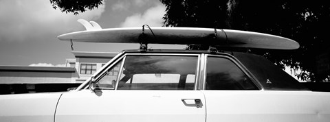 Framed California, Surf board on roof of car (black and white) Print