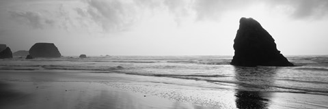 Framed Silhouette of rocks on the beach, Fort Bragg, Mendocino, California (black and white) Print