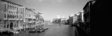Framed Gondolas and buildings along a canal in black and white, Grand Canal, Venice, Italy Print