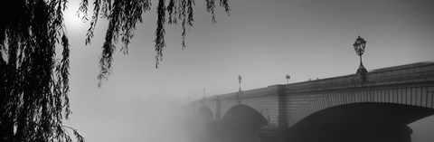 Framed Putney Bridge during fog, Thames River, London, England (black and white) Print