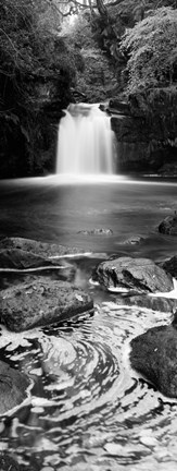 Framed Waterfall In A Forest, Thomason Foss, Goathland, North Yorkshire, England, United Kingdom (black and white) Print