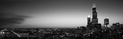 Framed Chicago Skyline at Night (black &amp; white) Print