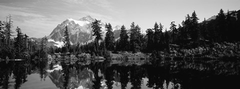 Framed Reflection of trees and mountains in a lake, Mount Shuksan, North Cascades National Park, Washington State (black and white) Print