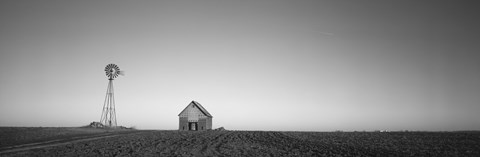 Framed Farmhouse and Windmill in a Field, Illinois (black &amp; white) Print