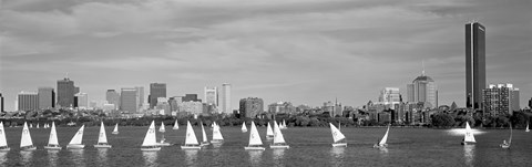 Framed Black and white view of boats on a river by a city, Charles River,  Boston Print