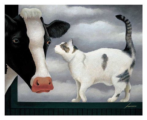 Framed Cow and Cat Print