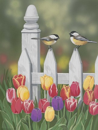 Framed Chickadees And Tulips Print