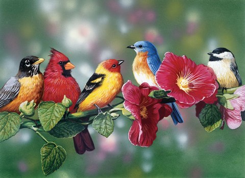 Framed Songbirds On Hollyhock Print