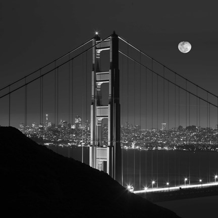 Framed Golden Gate and Moon BW Print