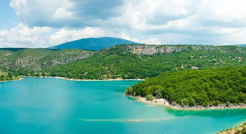 Framed Lake with mountain in the background, Lake of Sainte-Croix, Var, Provence-Alpes-Cote d&#39;Azur, France Print