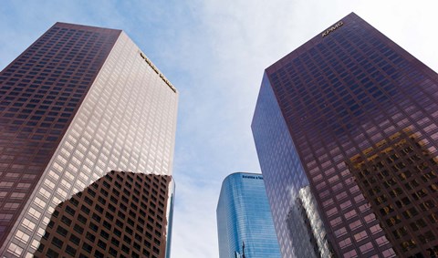 Framed Low angle view of skyscrapers, Wells Fargo Center, California Plaza, Los Angeles, California, USA Print