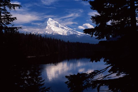 Framed Reflection of a snow covered mountain in a lake, Mt Hood, Lost Lake, Mt. Hood National Forest, Hood River County, Oregon, USA Print