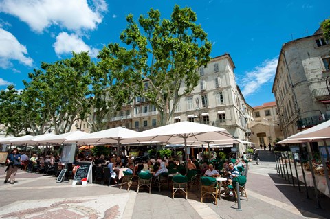 Framed Tourists at sidewalk cafes, Place de l&#39;Horloge, Avignon, Vaucluse, Provence-Alpes-Cote d&#39;Azur, France Print