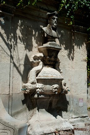 Framed Fountain with the bust of Nostradamus, Rue Carnot, St.-Remy-de-Provence, Bouches-Du-Rhone, Provence-Alpes-Cote d&#39;Azur, France Print