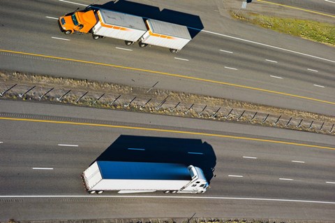 Framed Trucks moving on a highway, Interstate 80, Park City, Utah, USA Print