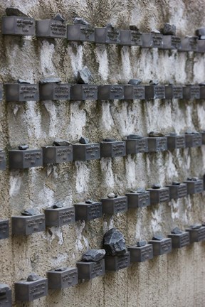 Framed Cemetery wall with names of Holocaust victims, Jewish Cemetery, Frankfurt, Hesse, Germany Print