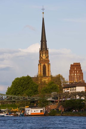 Framed River with church in the background, Three Kings Church, Main River, Frankfurt, Hesse, Germany Print