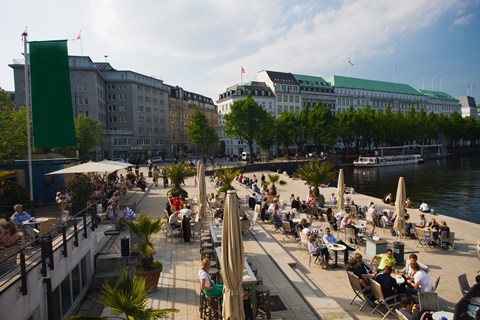 Framed Tourists at a sidewalk cafe, Binnenalster Lake, Hamburg, Germany Print