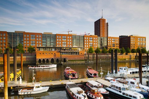 Framed Boats docked at a harbor, HafenCity, Hamburg, Germany Print